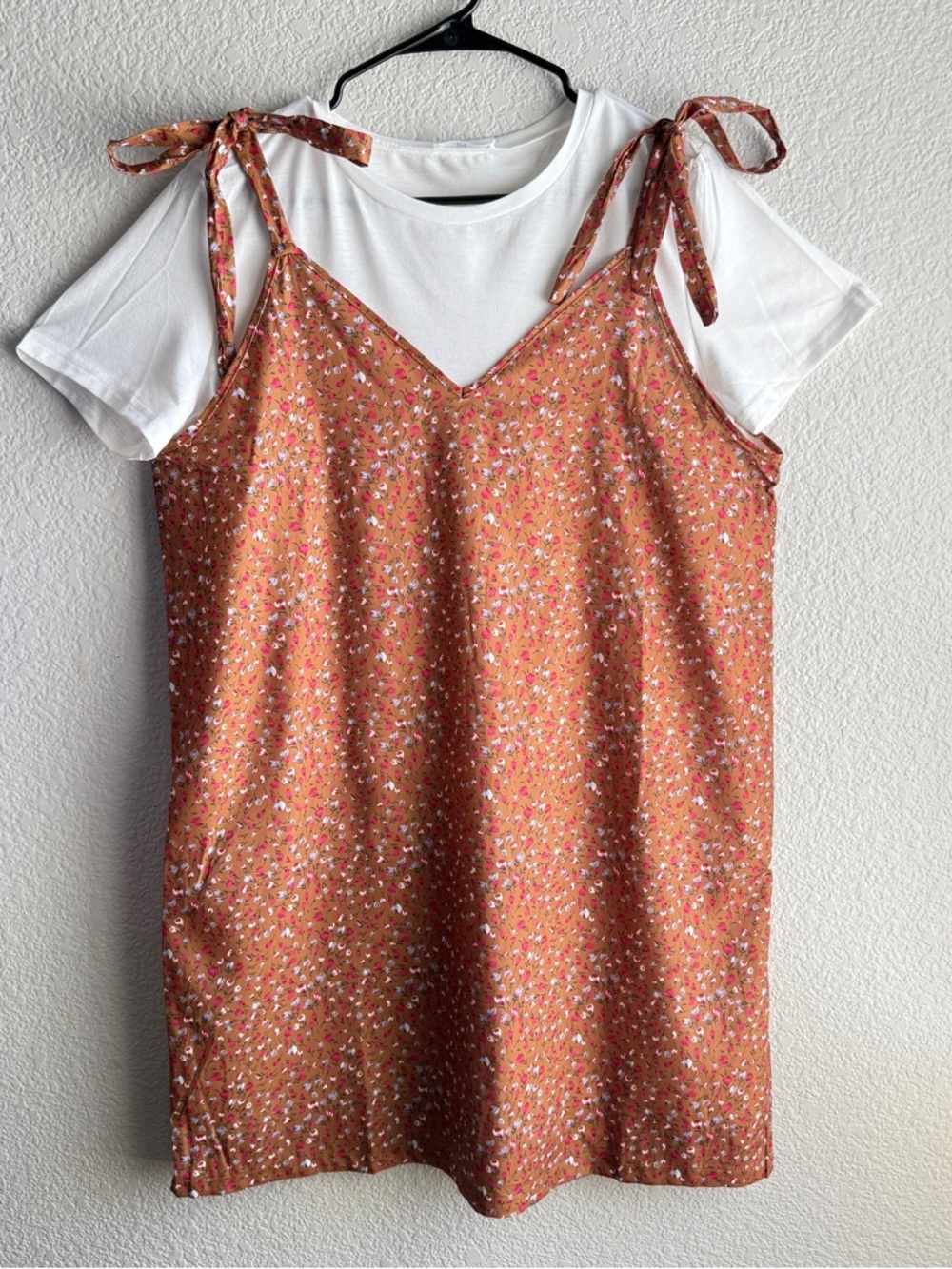 Rust Floral Tie-Shoulder Slip Dress with White Tee